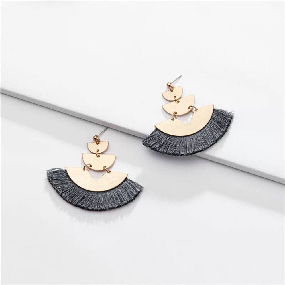 Gray Boho Fringed Tassel Statement Earrings
